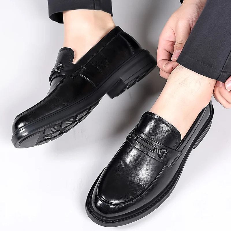 Brand Men Korea Leather Platform Oxfords Slip on Thick Tottom Male Derby Shoes Casual Loafers Mens Square Toe Formal Dress Shoes