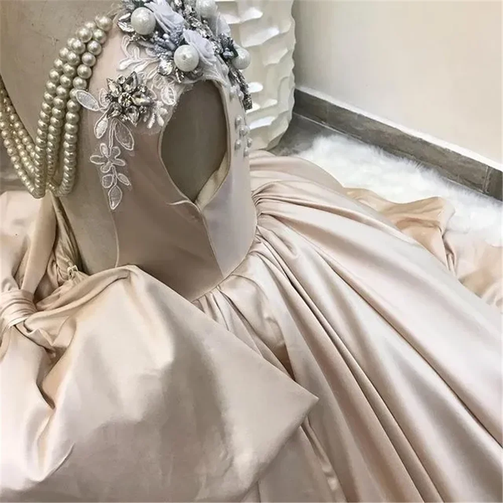 Vestido de satén con perlas de encaje champán para niña, vestido de flores con Espalda descubierta, tul elegante a la moda, vestido de boda para desfile de cumpleaños para niños