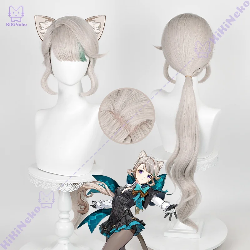 Genshin-Peluca de Cosplay Lynette de impacto, peluca gris claro con reflejos verdes, pelo de Cosplay para fiesta de Comicon, mujeres y hombres adultos