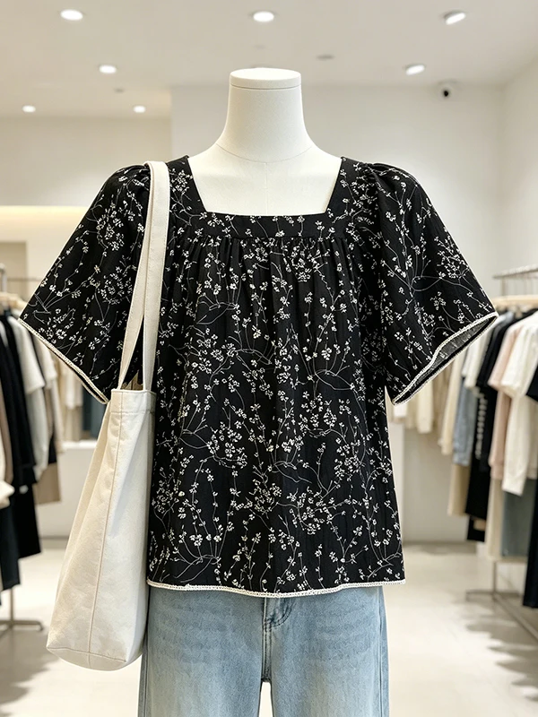 

Offline Store plus Size Summer New Style Square Collar Floral Elegant Beautiful Slim Short Sleeve Shirt Top Women's Fashion