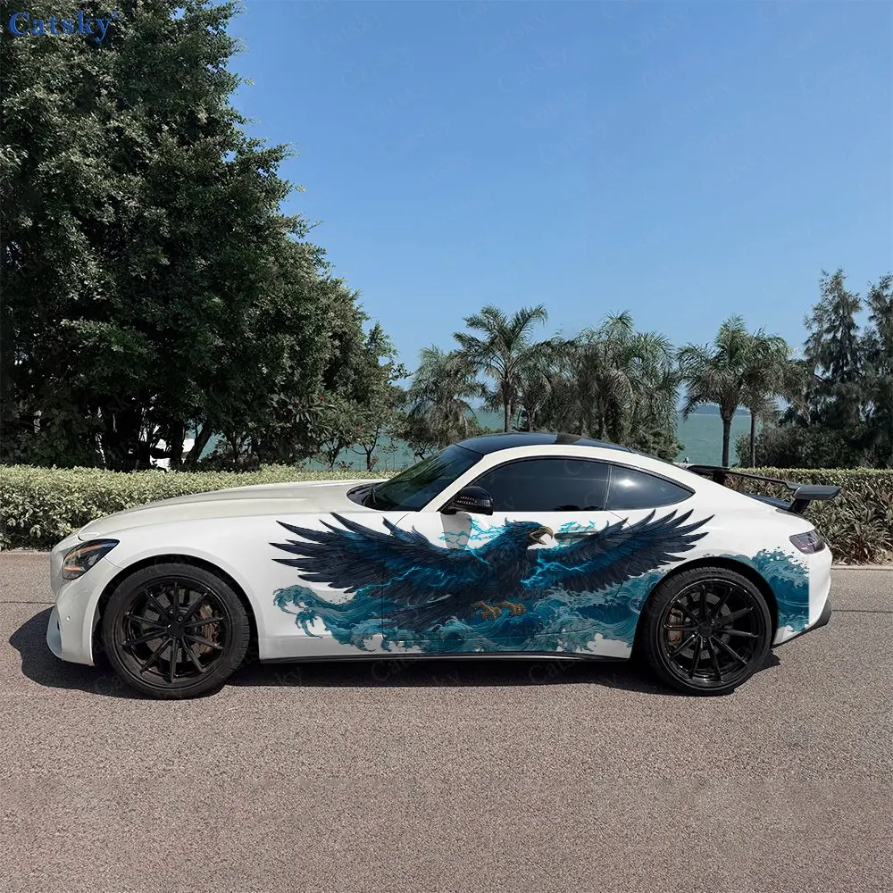 2pcs Cyber Cyan Lightning Eagle Car Side Wraps, Self-Adhesive PVC Waterproof & Scratch-Resistant Stickers, Car Accessory Gift