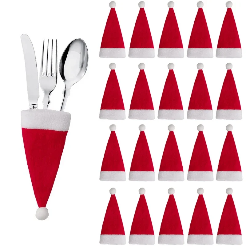 20pcs Xmas Tableware Fork Spoon Knife Storage Bag Christmas Party Dinner Table Dinnerware Decorations Supplies Mini Santa Hats