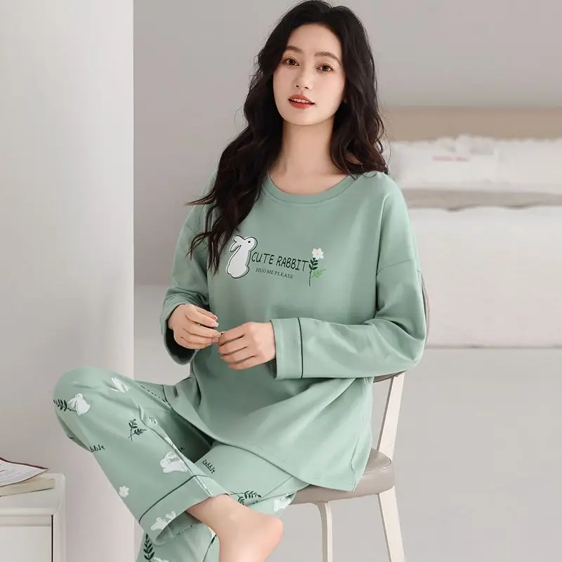

2024 Autumn Plus Size 100% Cotton Long Sleeve Pajama Sets for Women Korean Sleepwear Pyjama Pijama Mujer Homewear Home Clothes