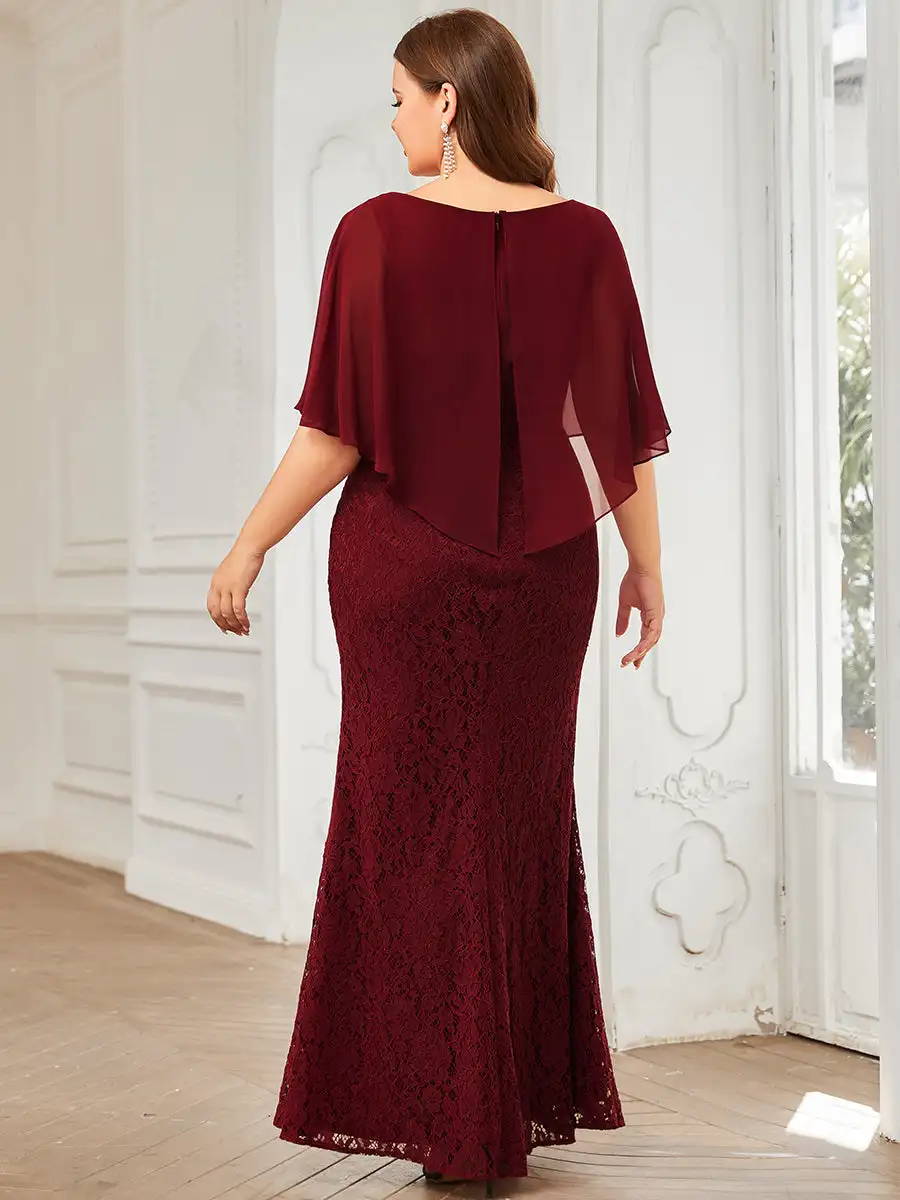 Plus Size Elegant Evening Dresses Fishtail Ruffles Sleeves O-Neck Floor-Length 2024 Ever Pretty of  Burgundy Bridesmaid Dresses