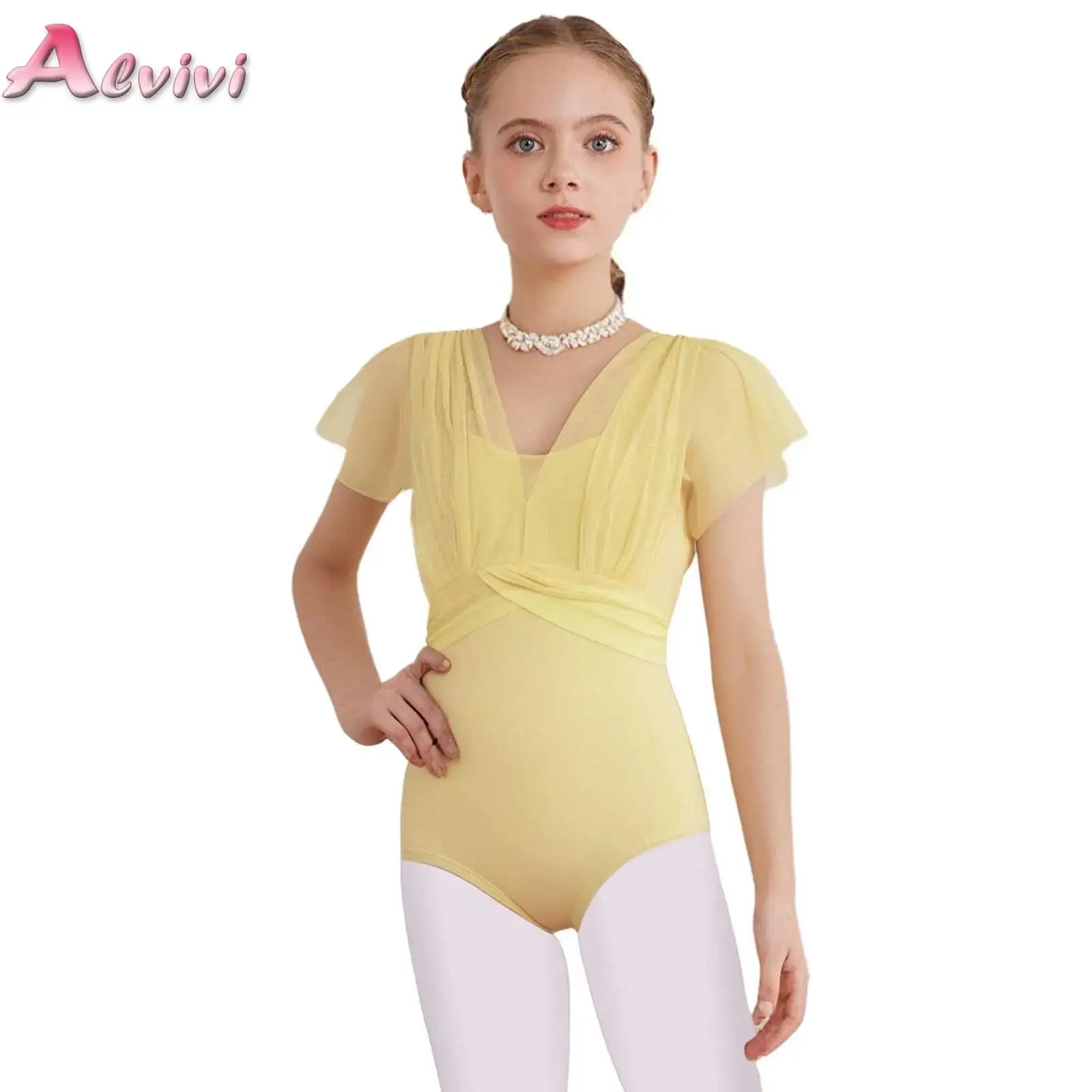 

Kids Girls Ruffled Sleeves Gymnastics Jersey Ruched Sheer Mesh Overlay Bodice Leotard Ballet Dance Practice Performance Costume