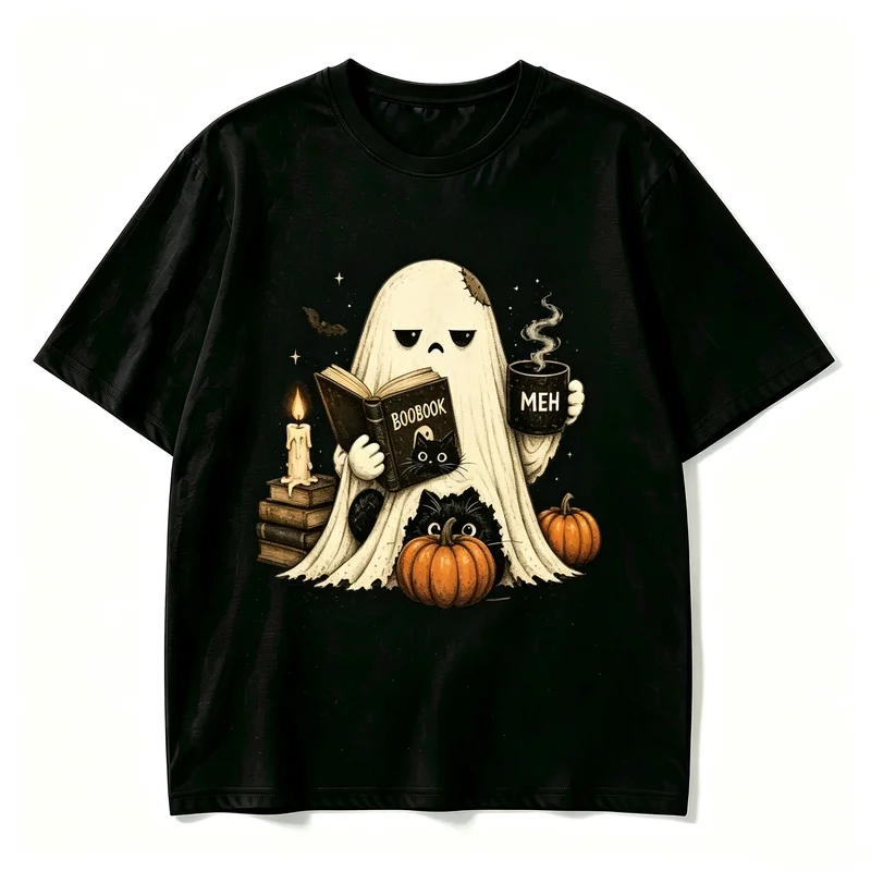 Women Halloween Spooky Ghost Reading Book Graphic T Shirt Black Cat Coffee Pumpkin Fall Casual Short Tee Sleeve Harajuku Y2k Top