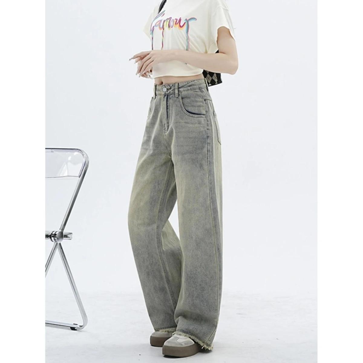 

Винтажные широкие джинсы с высокой талией для женщин и студентов, свободный крой, выцветшие желтые грязевые джинсовые брюки, повседневные прямые хлопковые брюки