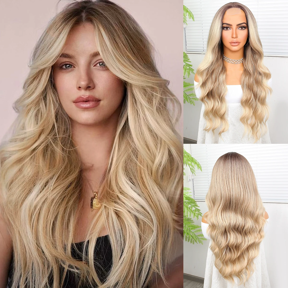 Deep Wave Wig Fancy Glamorous Silky High Quality For Black Women Synthetic Wig 26 inch 150 Density front Lace Ombre Blonde