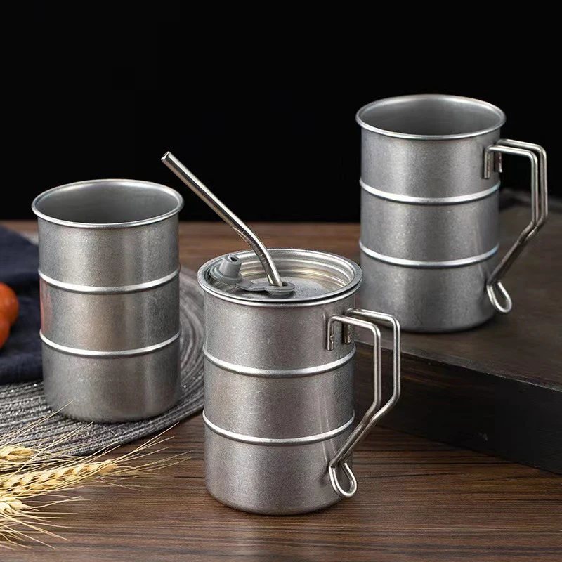 Retro Kaffee- und Wasserbecher im Industriestil, Ölfass-Becher für Outdoor, Camping, Picknick, Bierbecher, Trinkutensilien aus Edelstahl