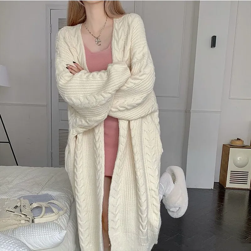 

Новый универсальный длинный вязаный кардиган в стиле ретро, женский осенне-зимний толстый теплый свободный повседневный серый свитер с v-образным вырезом, женская одежда