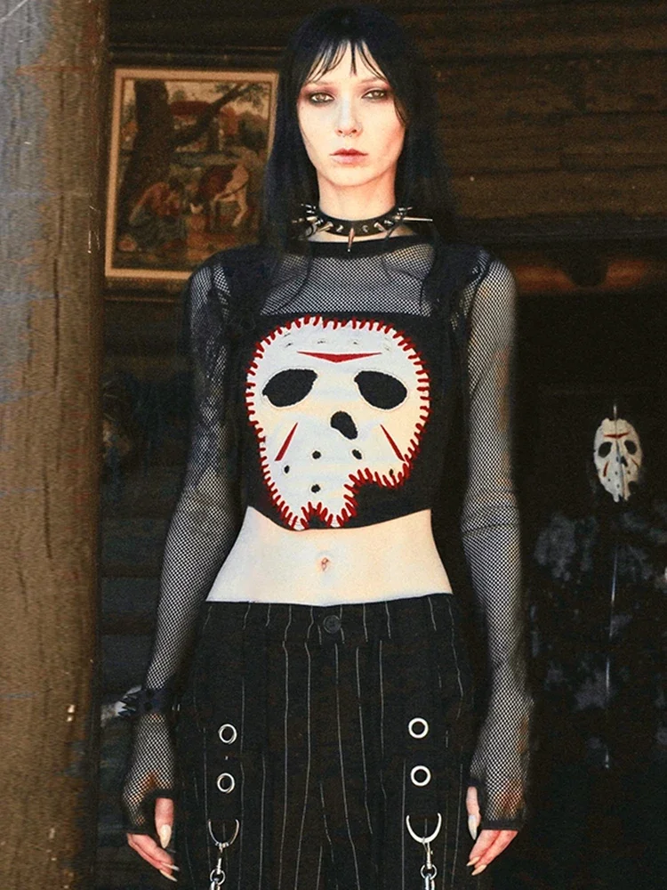 AltGoth Cyber Punk Gothic T-shirt Women Streetwear Y2k E-girl Halloween Printed Mesh Patchwork Long Sleeve O-neck Crop Tee Tops