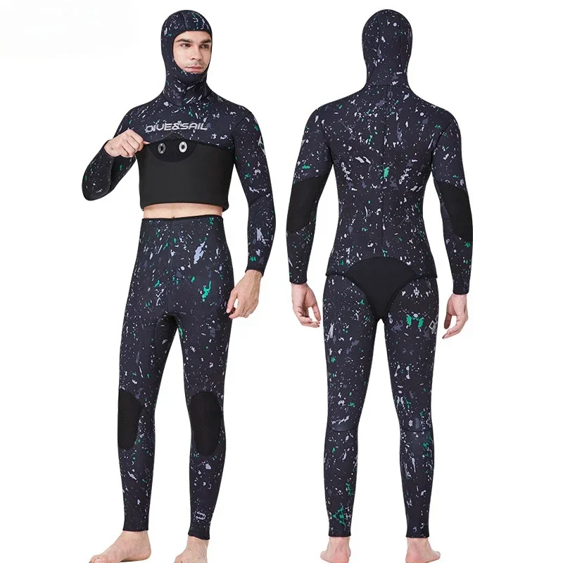 Spearfishing Wetsuits Men 3MM 5MM 7MM Neoprene CR 2-Pieces Hooded Long Sleeve Scuba Diving Full Body Keep Warm Snorkeling Suits