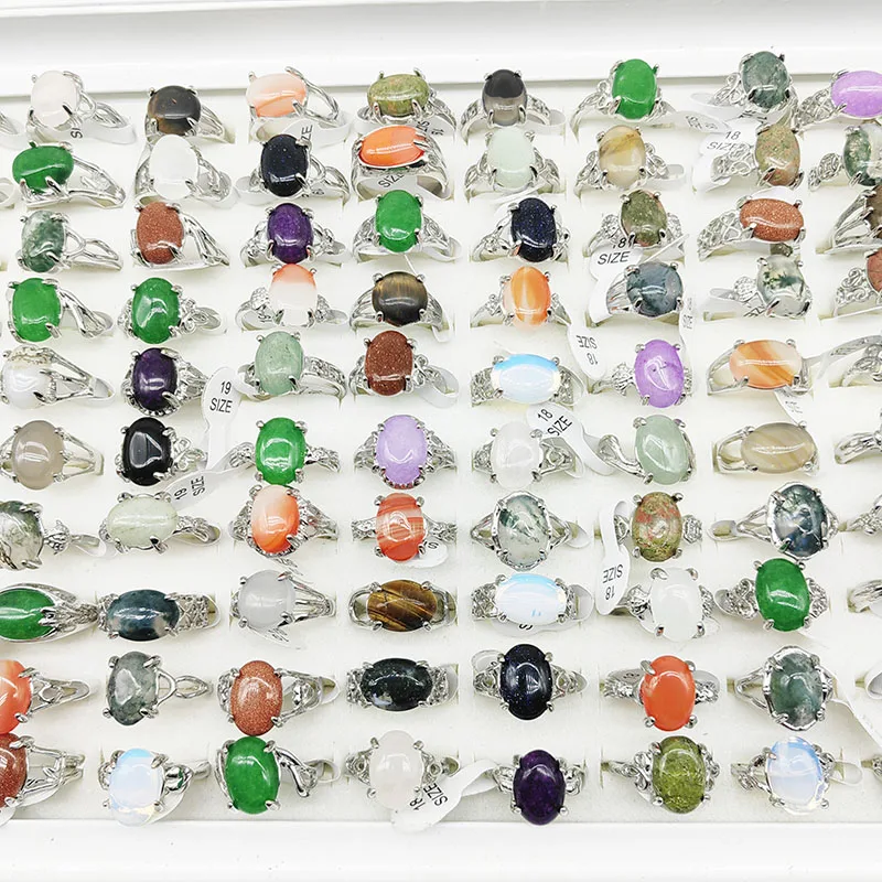50pcs/lot wholesale newest mix style natural stone finger rings for women silver color mix size joint ring party wedding jewelry