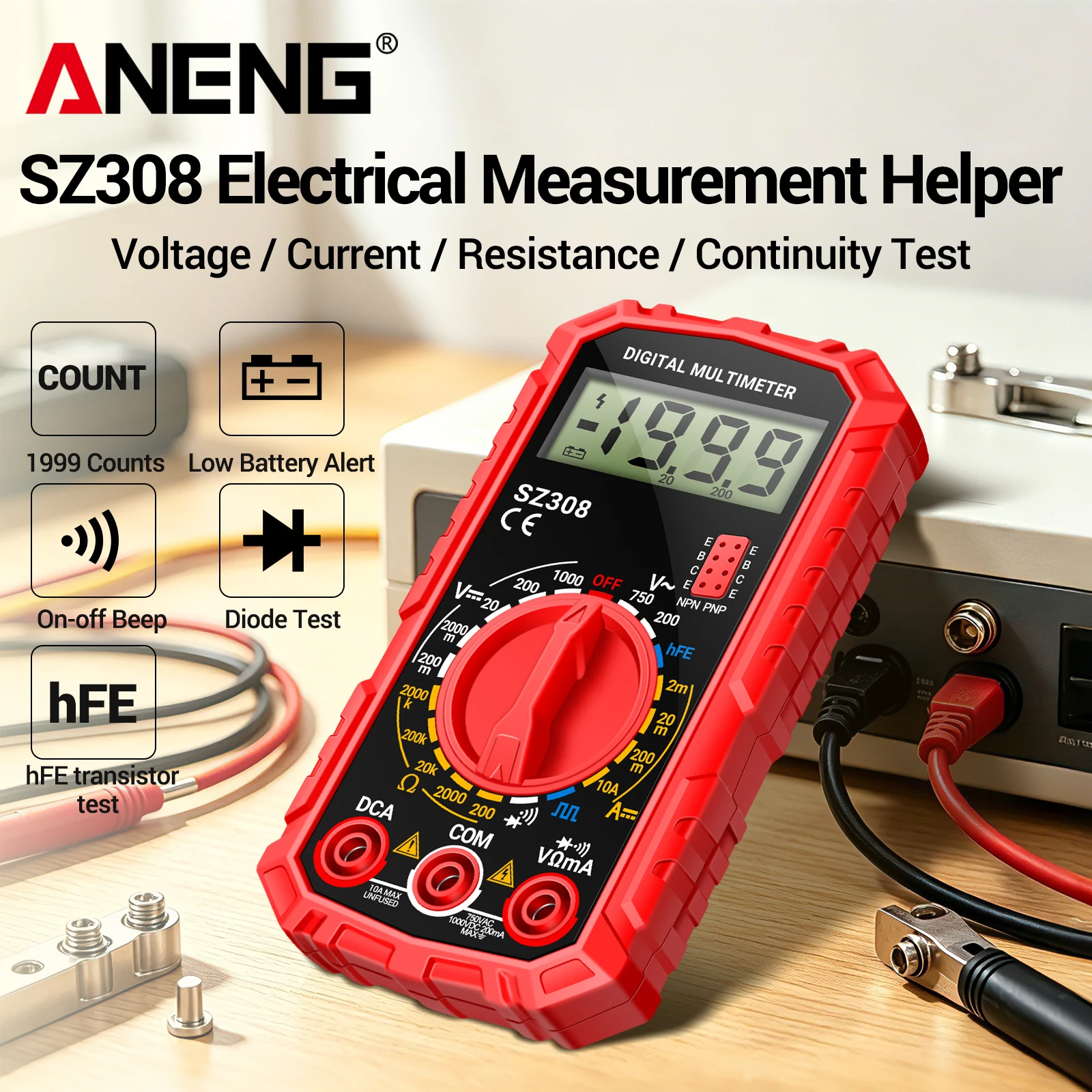 ANENG SZ308 1999-fach Digitales Multimeter für AC/DC-Spannung, Strom, Widerstand, HFE, Triode, Diode, Buzzer, Rechteckwellenmessung