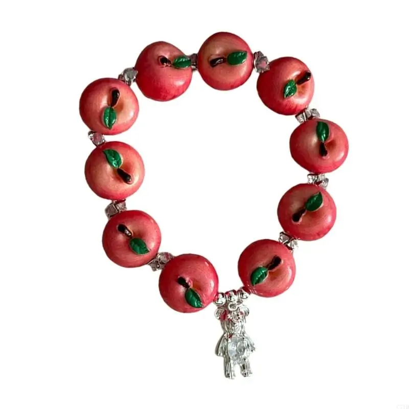  Glossy Stretch Bead Bracelet with Fruit-Inspired Resin Detail and Clear Bear Charm for Casual Styling and Gifting