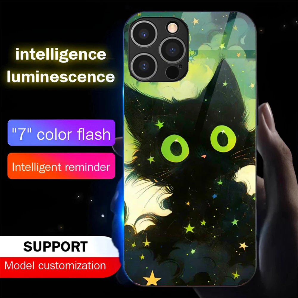 

Black Cat Oil Painting Sound Control LED Flash Cases Luminous Glass Cover For Samsung S26 S25 S24 S23 S22 S21 S20 FE Plus Ultra