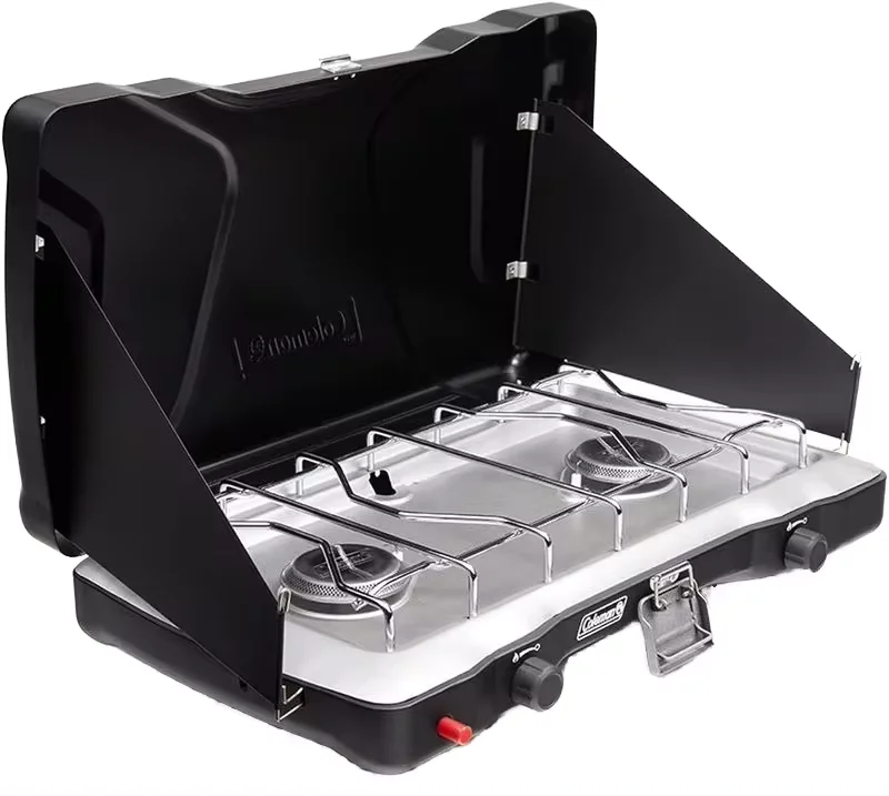 

NB Favour Portable 2-Burner Propane Camping Latch Handle Adjustable Burners Wind Guards Manual Stove Outdoor