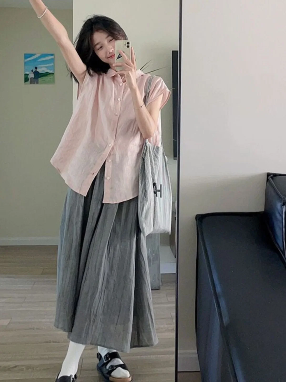 

Gray Cotton Linen A-Line Skirt Women's Fashion College Style Summer 2026 New Arrival Trendy Commute High Waist Button De...