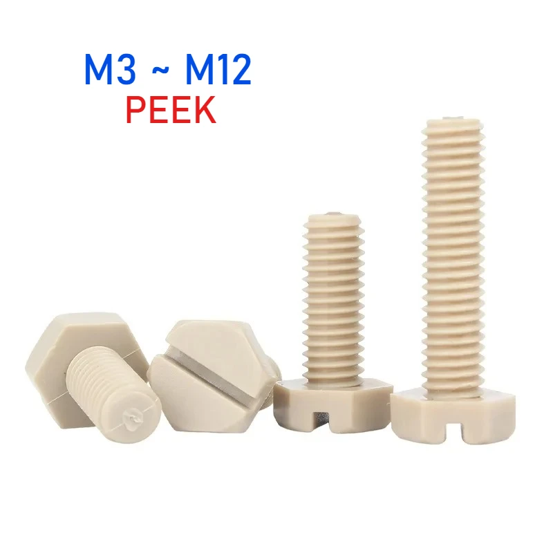 Peijian M3 M4 M5 M6 M8 M10 M12 Peek Hex Slotted Screw High Temperature Resistant Plastic Insulated External Hexagon Bolts