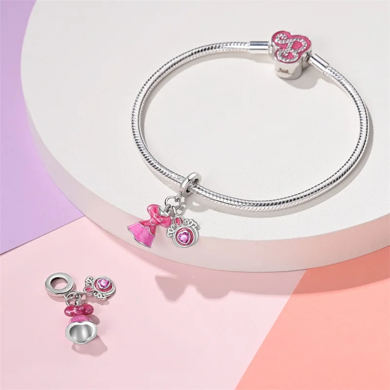 Abalorios de plata de ley 100% 925 para pulsera Pandora, bolsa de falda de princesa rosa, lápiz labial, compatible con pulseras originales, regalos de joyería DIY