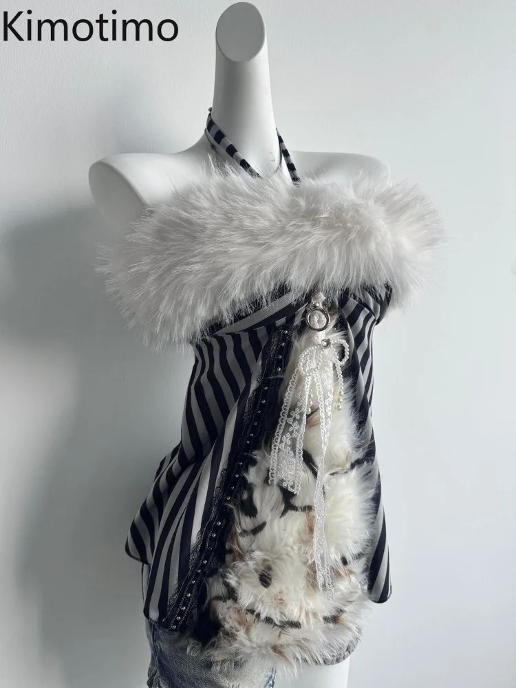 Kimotimo Women Sexy Tanks Y2k Tops Y2k Goth Furry Patchwork Zebra Stripe Halter Camisole Vest Harajuku Fashion Slim Ropa Mujer