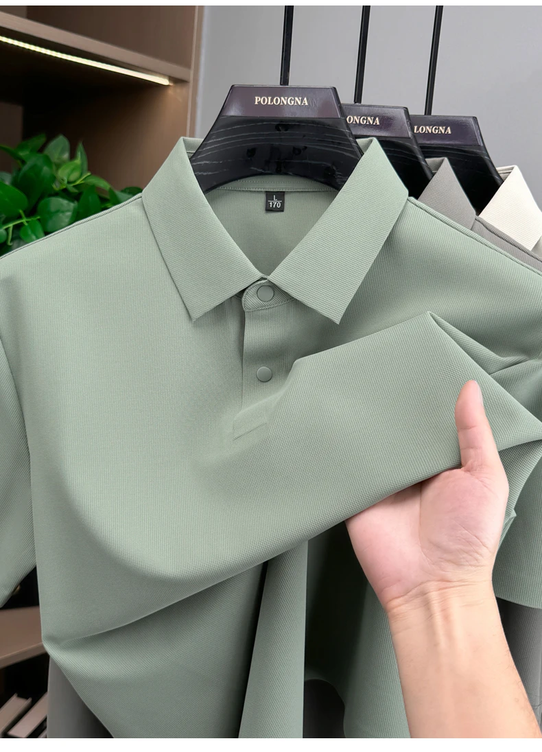 Modisches, einfarbiges Kurzarm-Poloshirt aus luxuriöser atmungsaktiver Eisseide für Herren Sommer Business Casual, bequem, vielseitig, T-Shirt – Detail 15