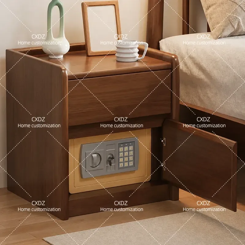 Solid Wood Bedside Table with Integrated Smart Safe Fingerprint Password Lock Bedroom Storage Locker No Installation Required