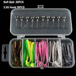 25 Pcs Lure Boxed Soft Bait Perch Warbler Fish Bait Soft Worms Threaded Curly Tail Maggot Bionic Bait Fake Baits Lead Head Hooks