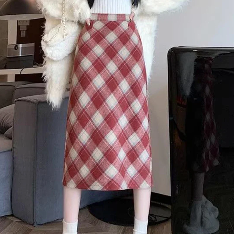 Vintage Baize Plaid Skirts Women Autumn Winter 2025 Slim Fit High Waist A-Line Skirts Woman Fashion Mix Color Skirt Female