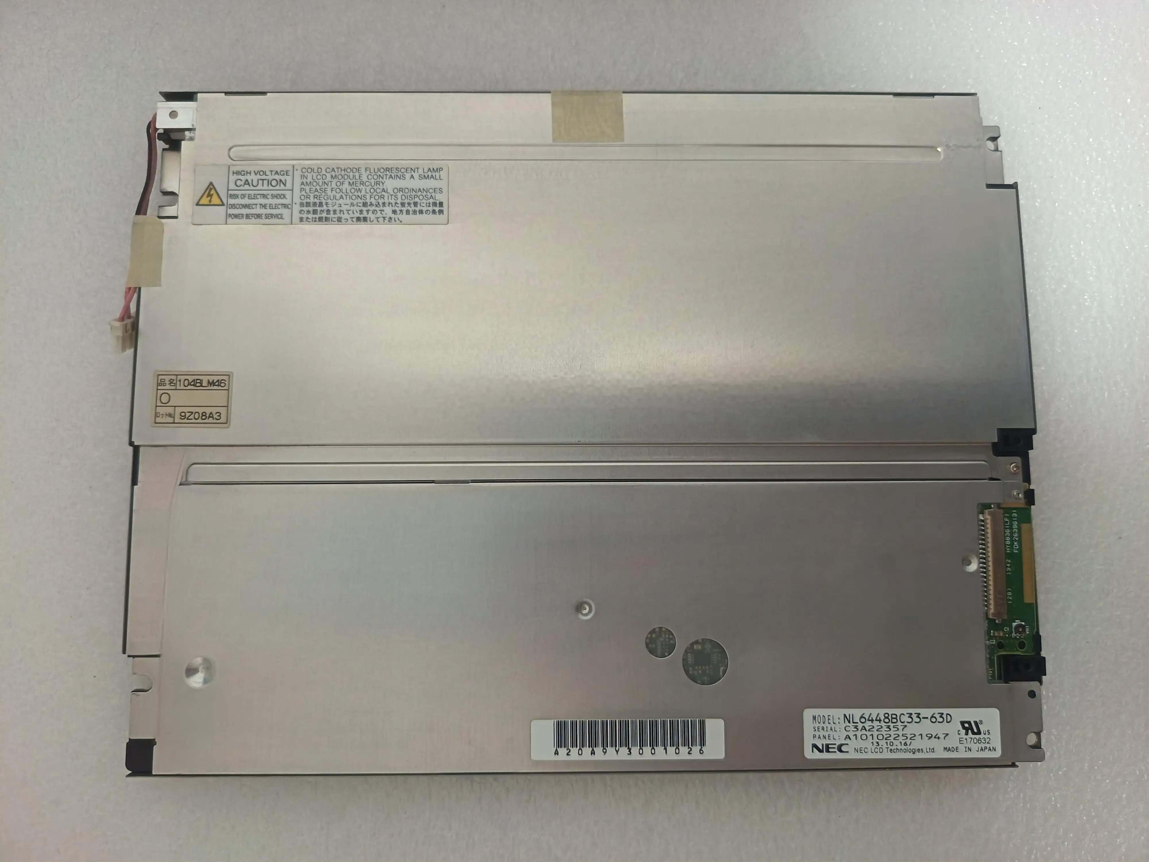 10.4” NL6448BC33-63D TFT LCD Display 640*480 Resolution Industrial Panel with LVDS (1 ch, 6/8-bit) , 20 pins Connector