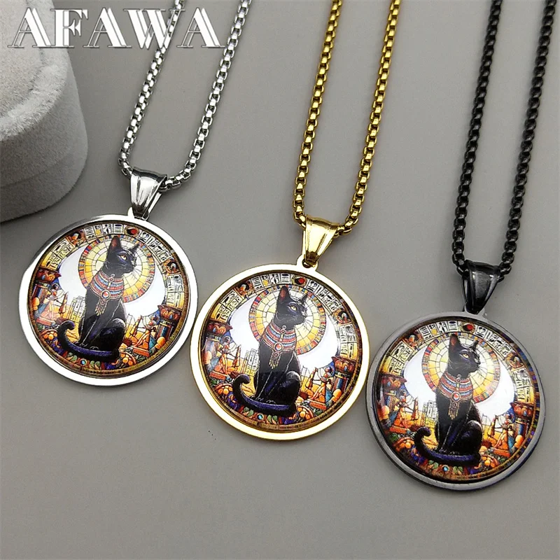 خمر المصرية القط الأسود آلهة الباستيت قلادة الفولاذ المقاوم للصدأ الذهب والفضة اللون مصر القديمة القلائد تميمة المجوهرات #2