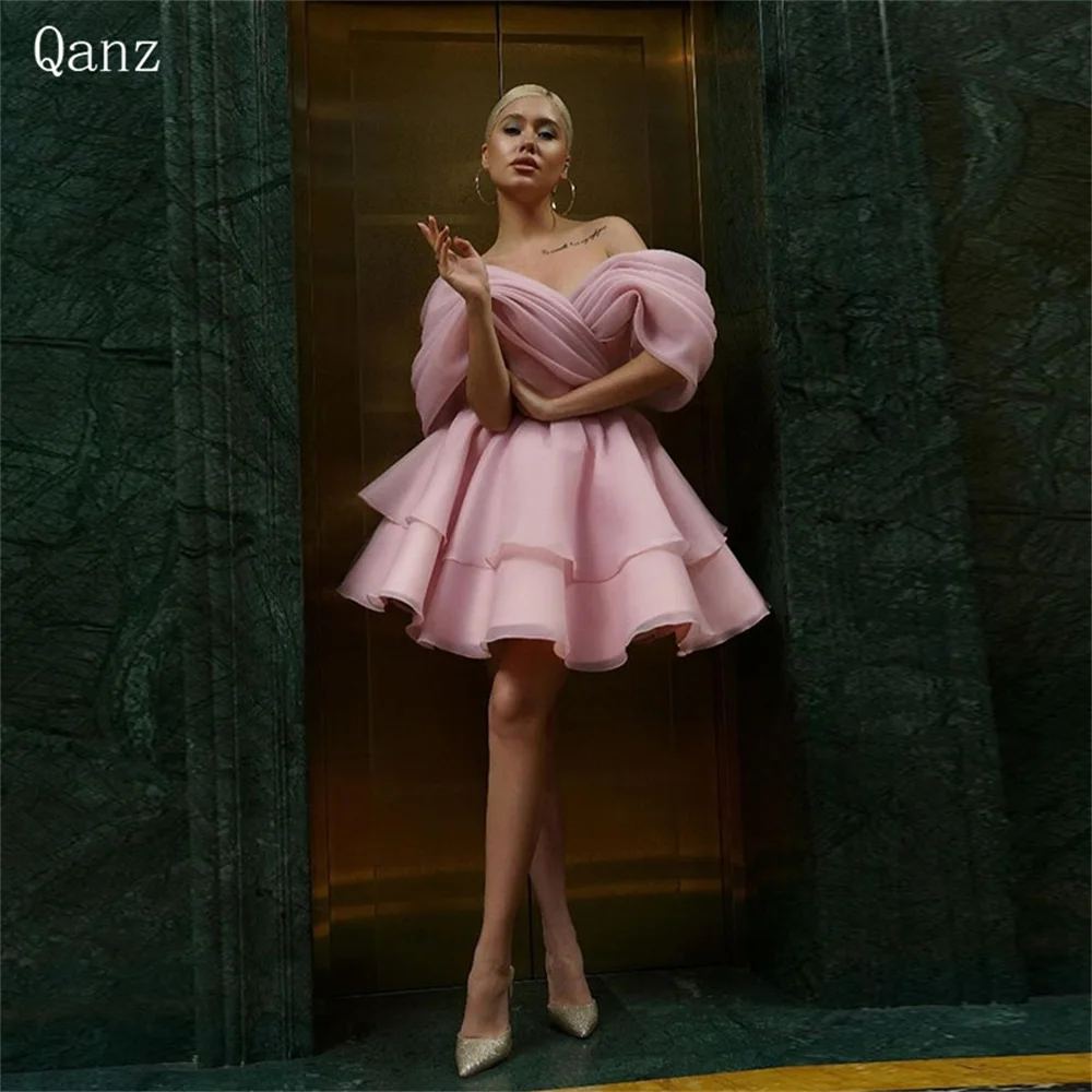 Qanz Pink Organza Prom Dresses Off The Shoulder Above Kneen Dress Women Elegant Party Corset Short Abendkleid Dubai Customized