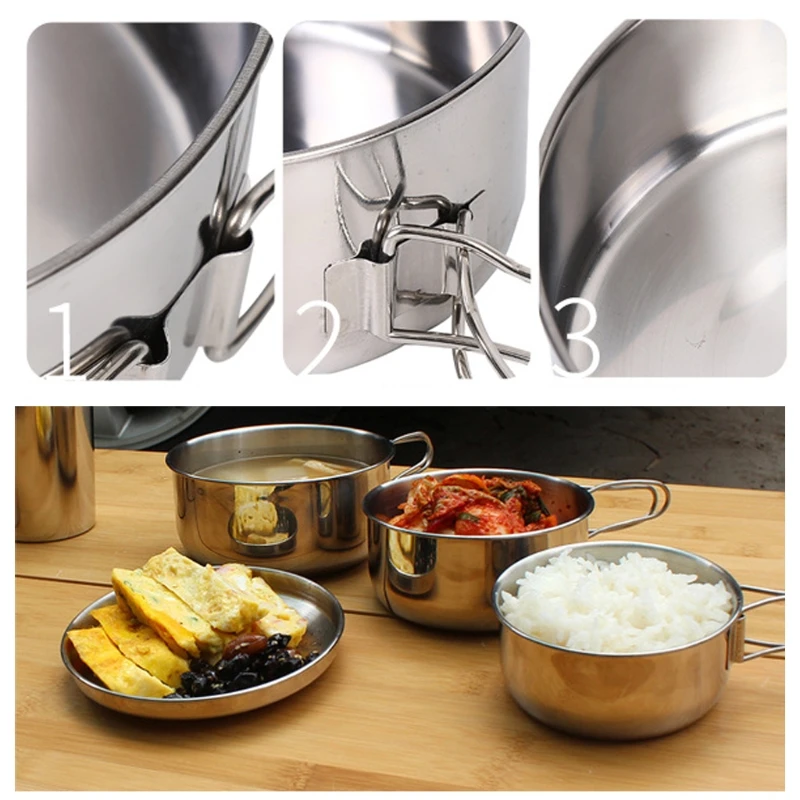 4Pcs Anti-rust Stainless Steel Pots/Frying Pan/Lid for Outdoor Camping Cooking