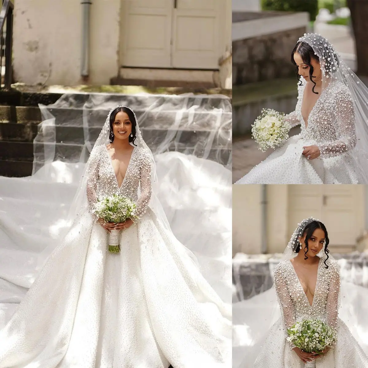 

Sparkly Deep V Neck See Through Pearls Beads Wedding Dress Robe De Mariée Grande Taille African Long Sleeve A-Line Bridal Gown