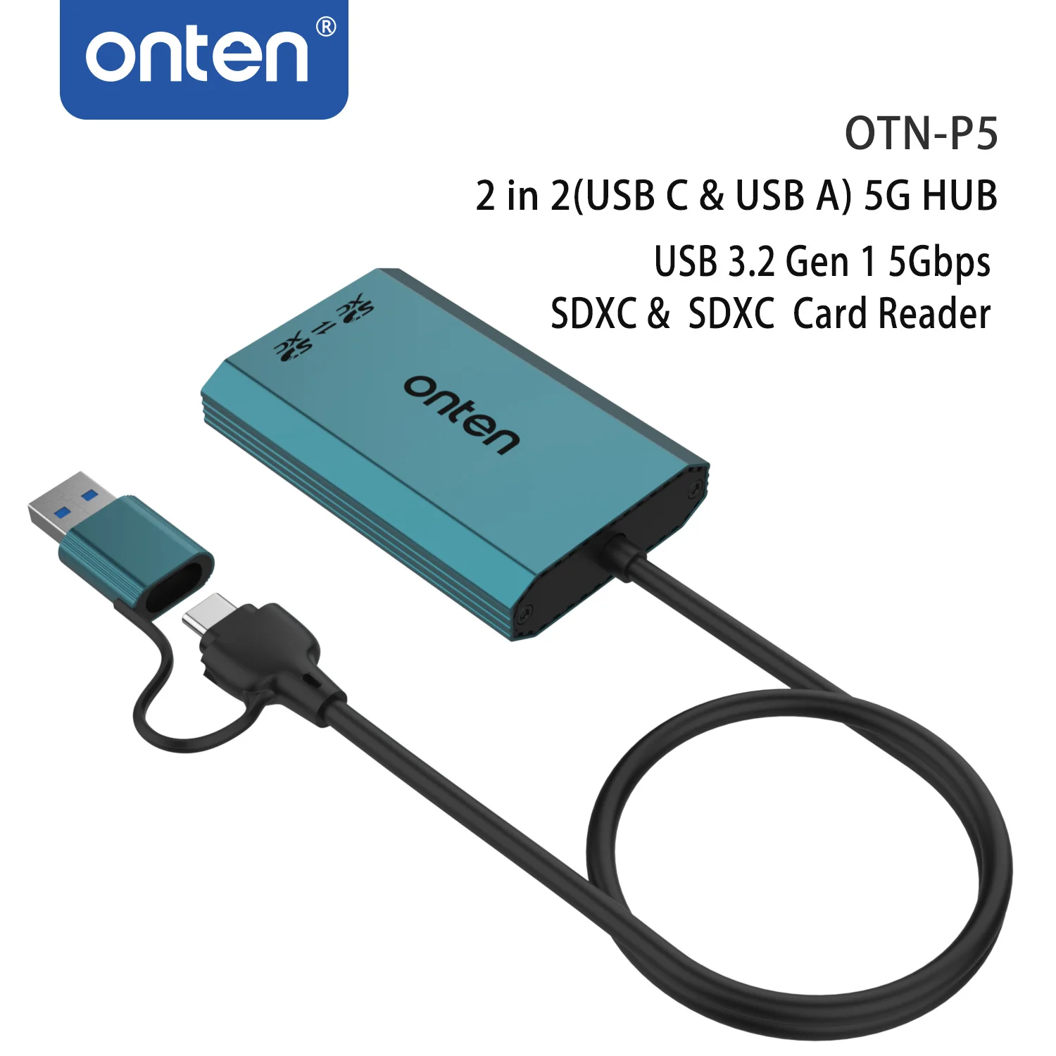 OTN-P5 Leitor de cartão, USB C e USB A, 5G HUB, USB 3.2 Gen 1, 5Gbps, SDXC, SDXC, 2 em 2