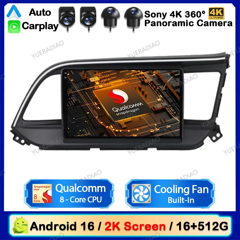 Rádio Automotivo Android 16 para Hyundai Elantra 6 RHD 2015 2016 2017 2018 Reprodutor Multimídia de Vídeo GPS NAVI 4G WIFI Tela 2K Câmera 360