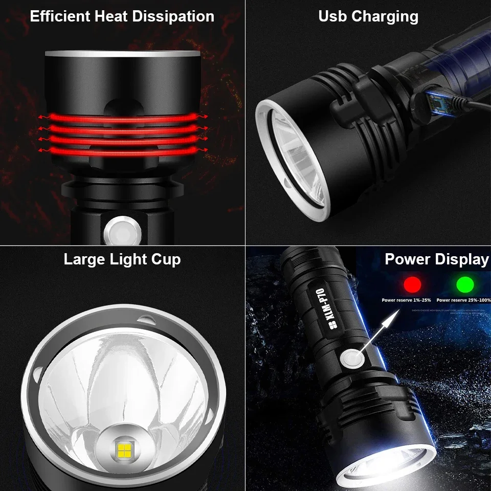 Фонарик XHP70 светодиодный, тактический фонарь, USB, перезаряжаемый, водонепроницаемый, Ультраяркий фонарь для кемпинга