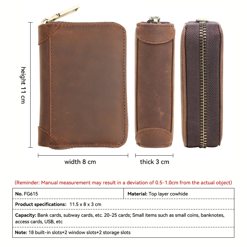 NFC Blocked Credit Card Holder Bag For Men Women Vintage Handmade Genuine Leather Short Card Wallet with Zipper Money Bag