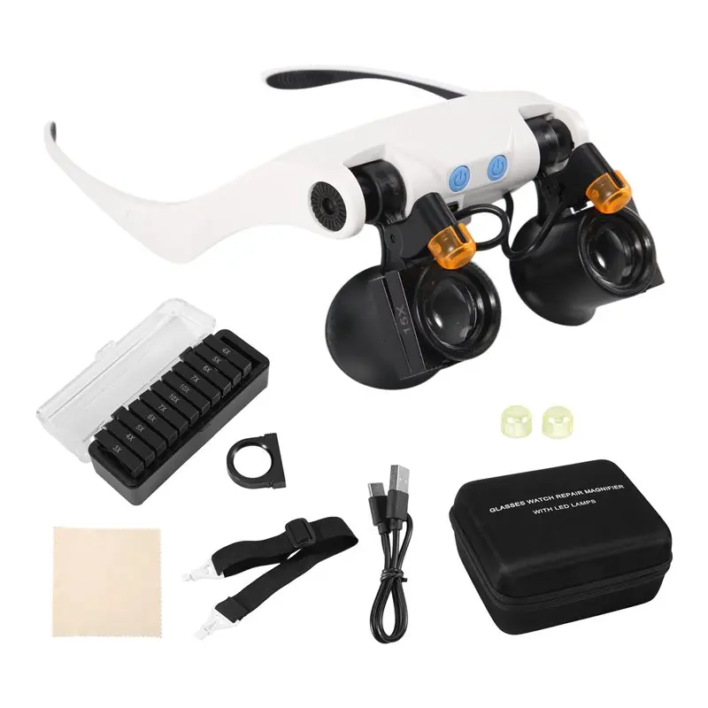 HLZS-Magnifying Glasses With LED Light, 14 Interchangeable Lenses(3X 4X 5X 6X 7X 10X 15X), Hands-Free Design