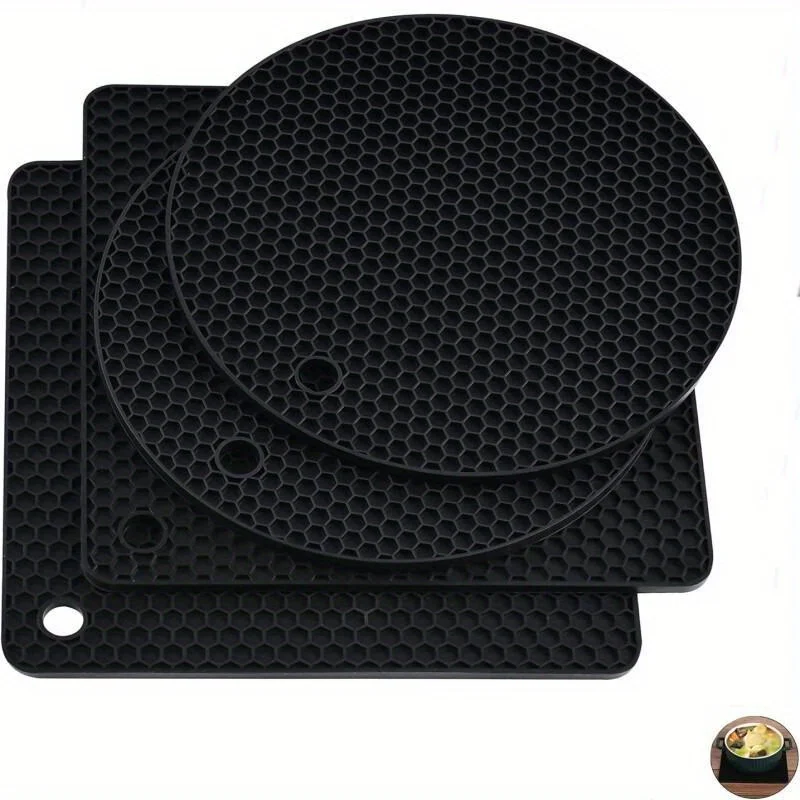 4Silicone Coaster Set，Honeycomb Design-High Temperature Resistance，Non-Slip，Used to protect pots and pans，Square and round