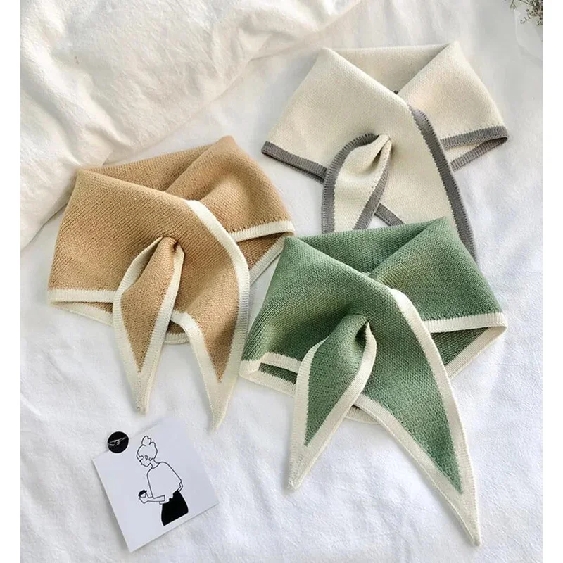 

Korean Winter Woolen Knit Elastic Bow Cross Warm Scarf Female Solid Color Triangular Scarves Soft False Collar Neck Guard Bib