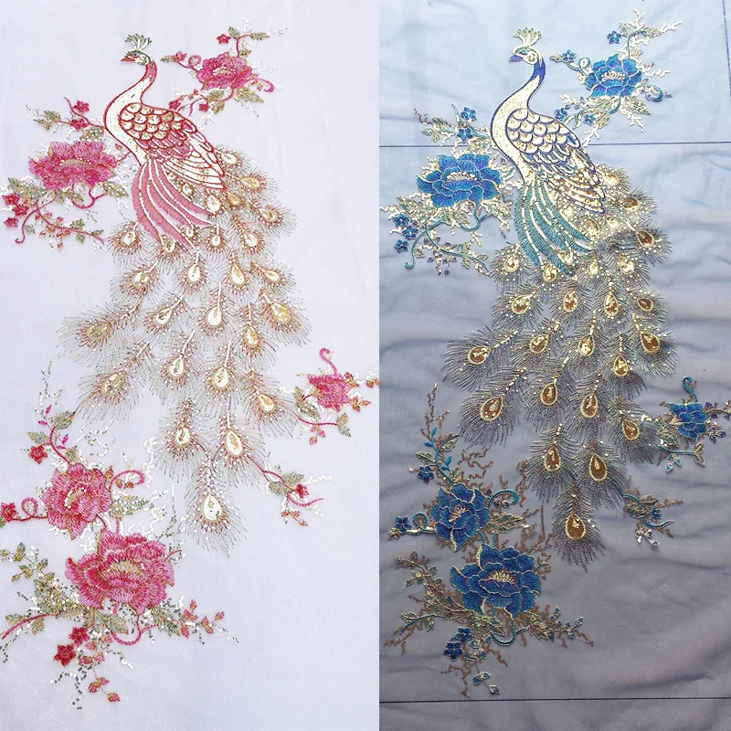 5Pieces Peacock Feather Sequins Phoenix Mesh Lace Trims Sew On Patches Embroidery Wedding Appliques Decoration DIY