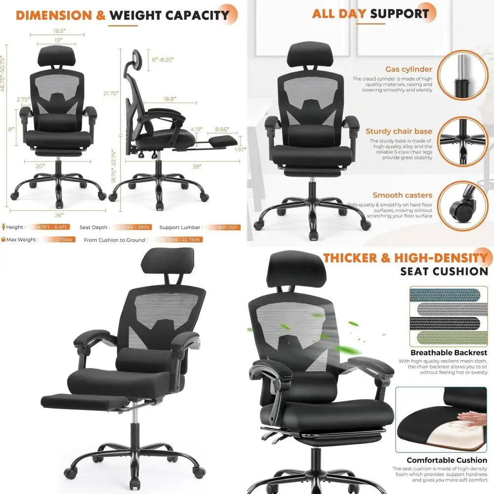 

Ergonomic High-Back Swivel Office Chair with Mesh, Adjustable Lumbar Support, Comfortable for Home, Study, Black
