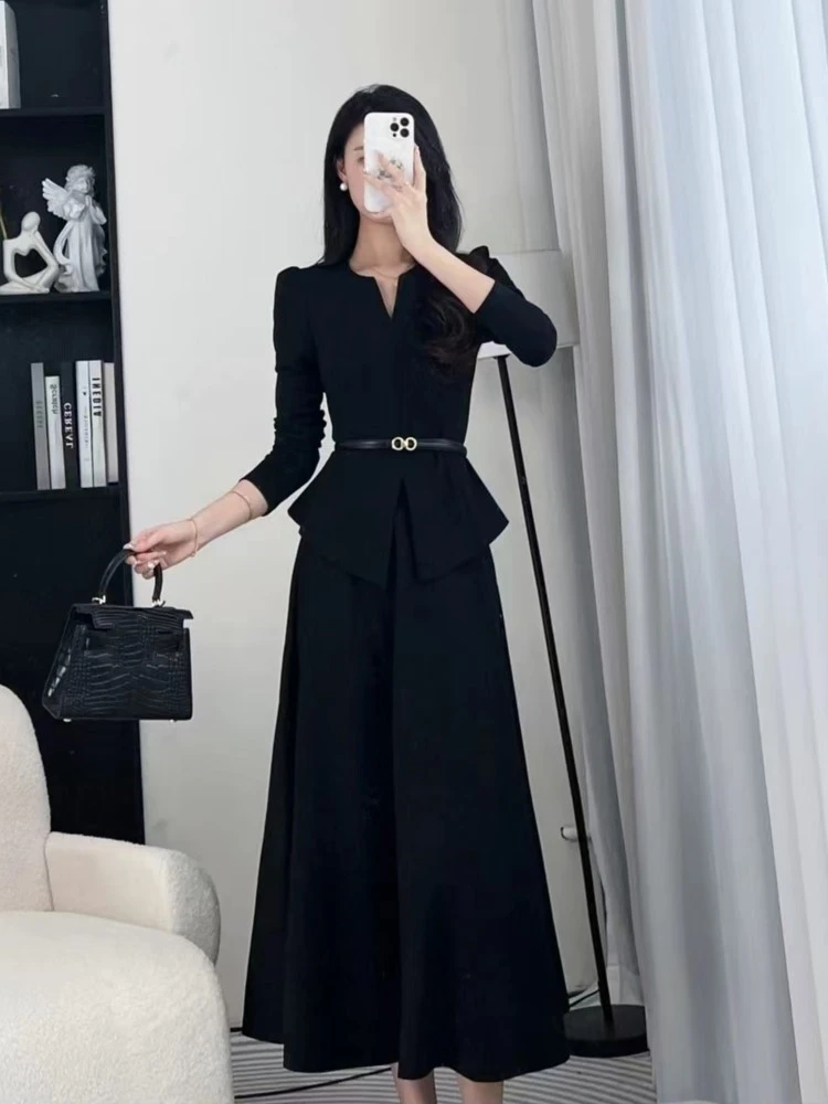 Autumn Winter Women\'s Office Lady Two-piece Skirt Set Solid Long Sleeve Slim Top Midi Skirt Korean Fashion Outfits New Suit