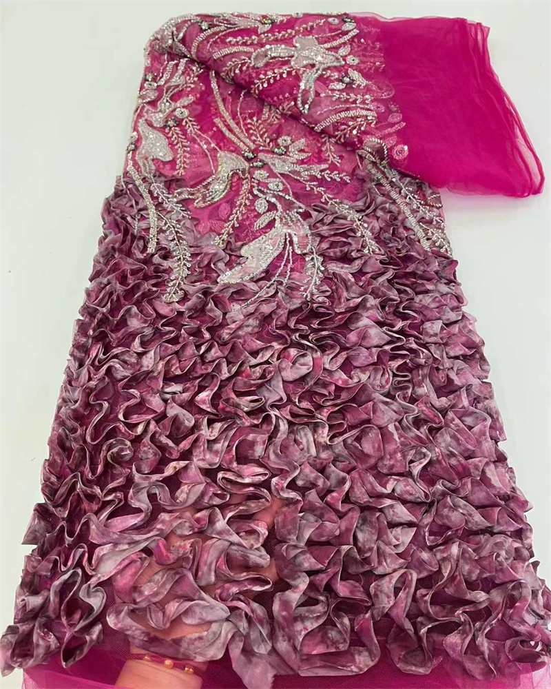 

African 3D Flower Beaded Fabric, Sequins Embroidery, French Tulle, Mesh Lace Fabric for Wedding, Luxury Fashion