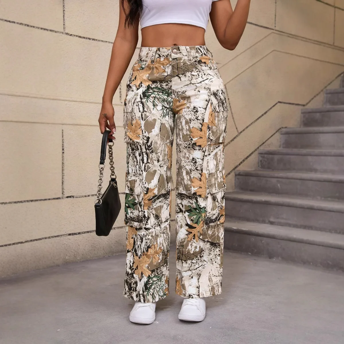 

Джинсы с принтом, женские джинсовые прямые брюки, эластичные потертые брюки со средней талией и несколькими карманами, женские уличные брюки до щиколотки