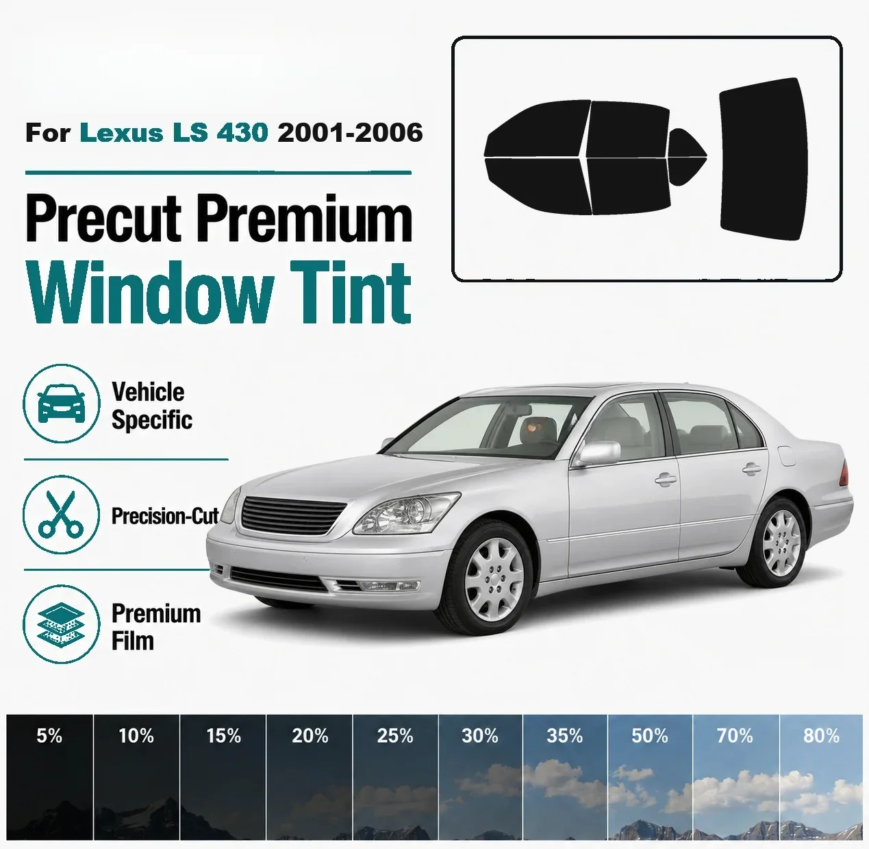For Lexus LS 430 2001-2006 Pre-Cut Window Tint Film Vehicle-Specific Full Kit Front & Rear Windows Precision-Cut