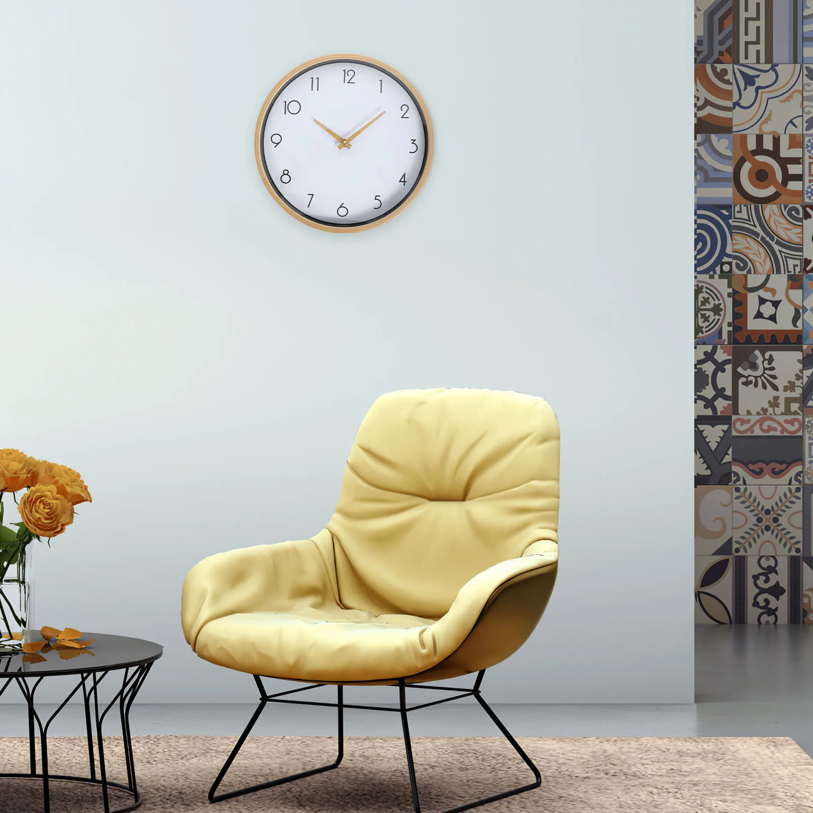 

Modern Wall Silent Round Operated Hanging Wood Grain Design Plastic Glass Home Decor Clock For Bedroom Living