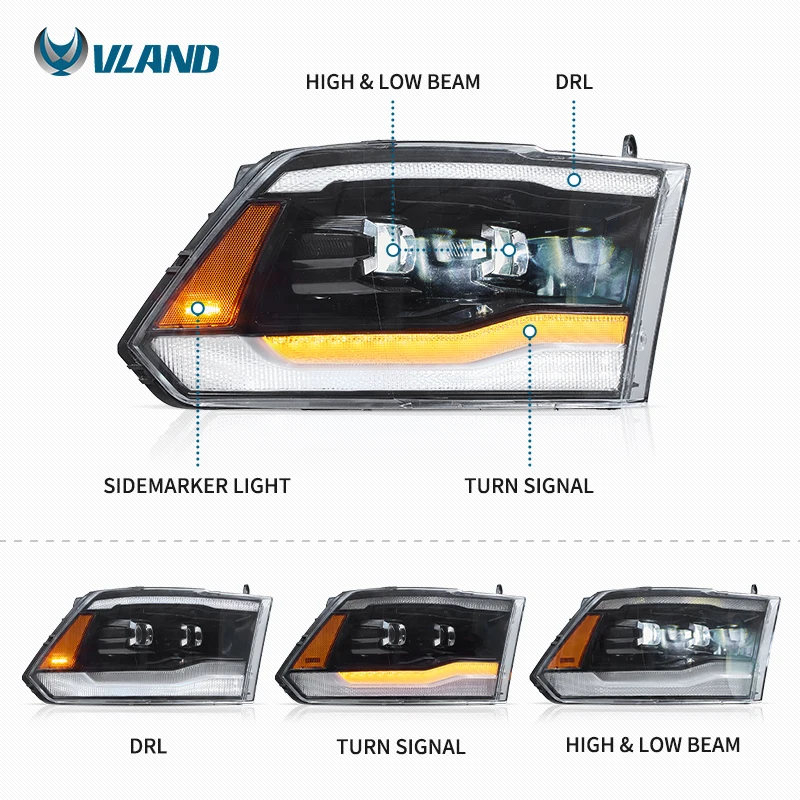 Suitable For Dodge RAM Series Replacement Front Head Lamp, Durable ABS Lamp Housing Effectively Resists Impact And Outdoor Aging