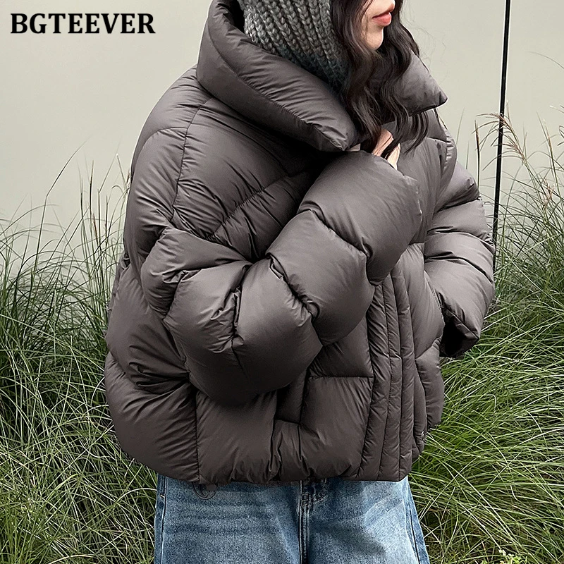 BGTEEVER スタイリッシュな厚手暖かいルーズスタンドカラー女性綿パッド入りジャケット冬長袖女性シングルブレストパーカー